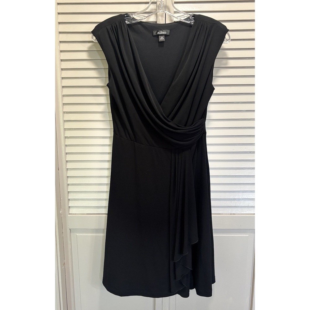 AGB Short Cap Sleeve V Neck Faux Wrap Dress Size PM Gathered at Waist